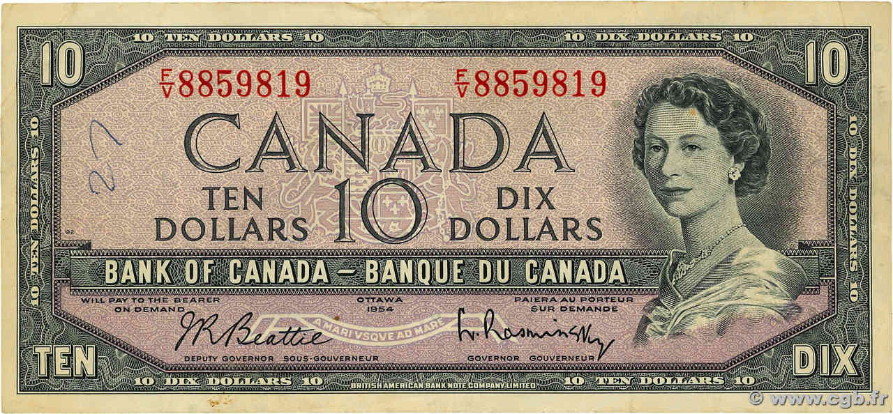 10 Dollars CANADá
  1954 P.079b BC