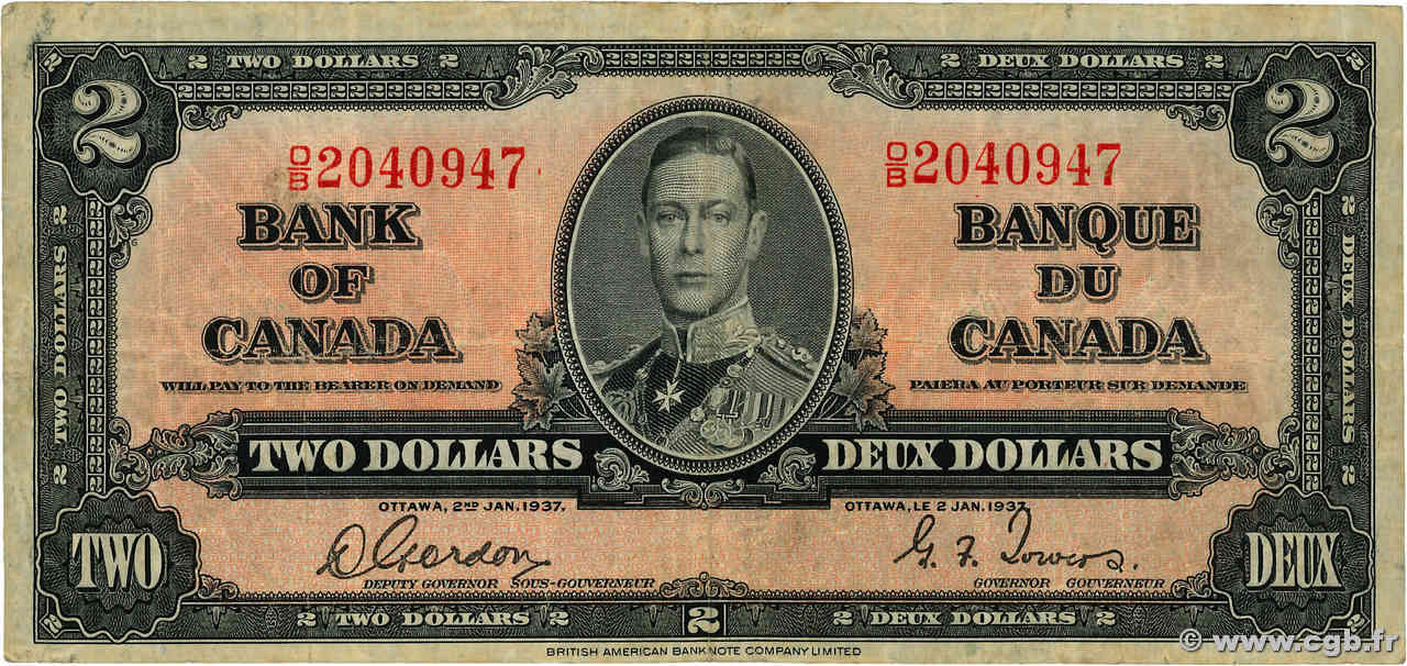 2 Dollars CANADA  1937 P.059b F+