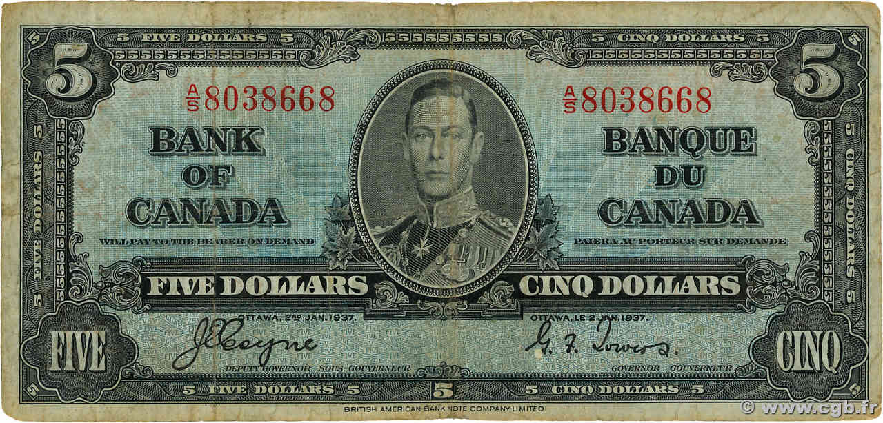 5 Dollars CANADA  1937 P.060c q.MB