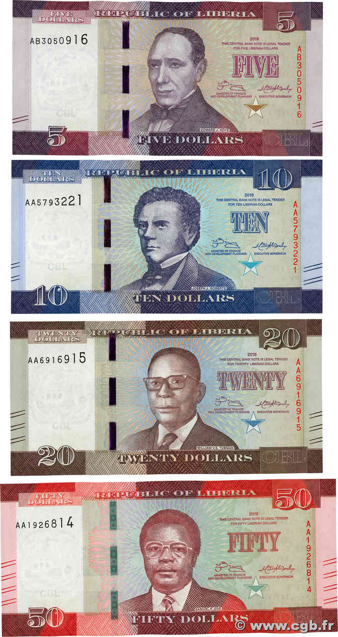 5 au 50 Dollars LOT LIBERIA  2016 P.31 au P.34 ST