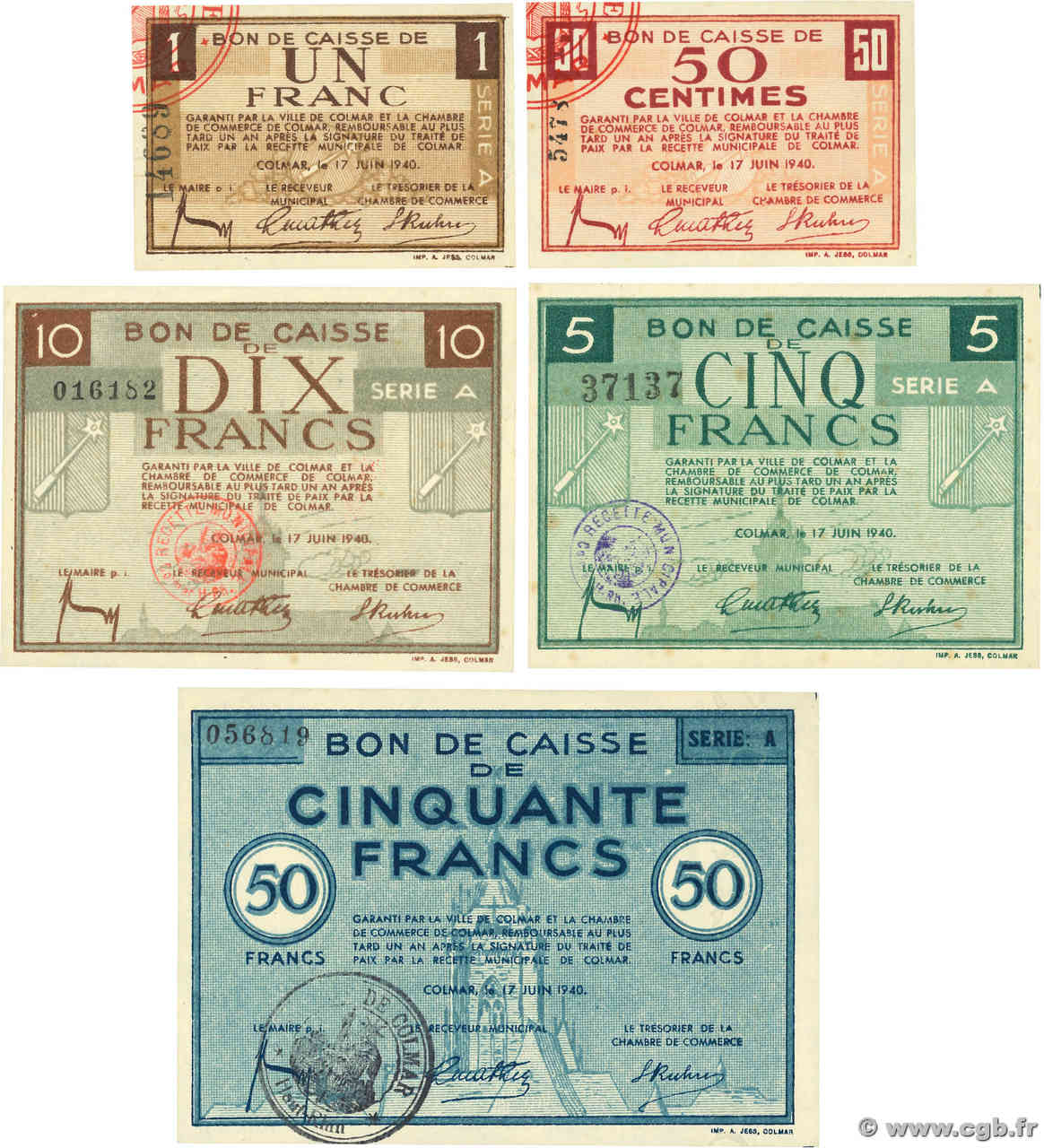 50 centimes et 1 à 50 Francs Lot FRANCE regionalism and various Colmar 1940 BU.12.2, BU.13.2, BU.14.3, BU.15.1 et BU.16.1 XF+