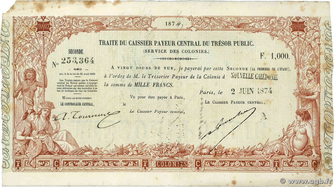 1000 Francs NOUVELLE CALÉDONIE  1874 NC.74.1000 TTB+