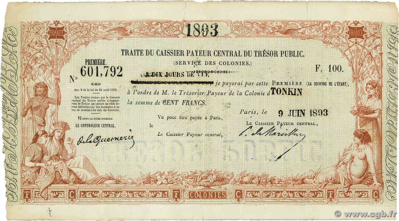 100 Francs INDOCHINE FRANÇAISE  1893 TO.93.100 TTB