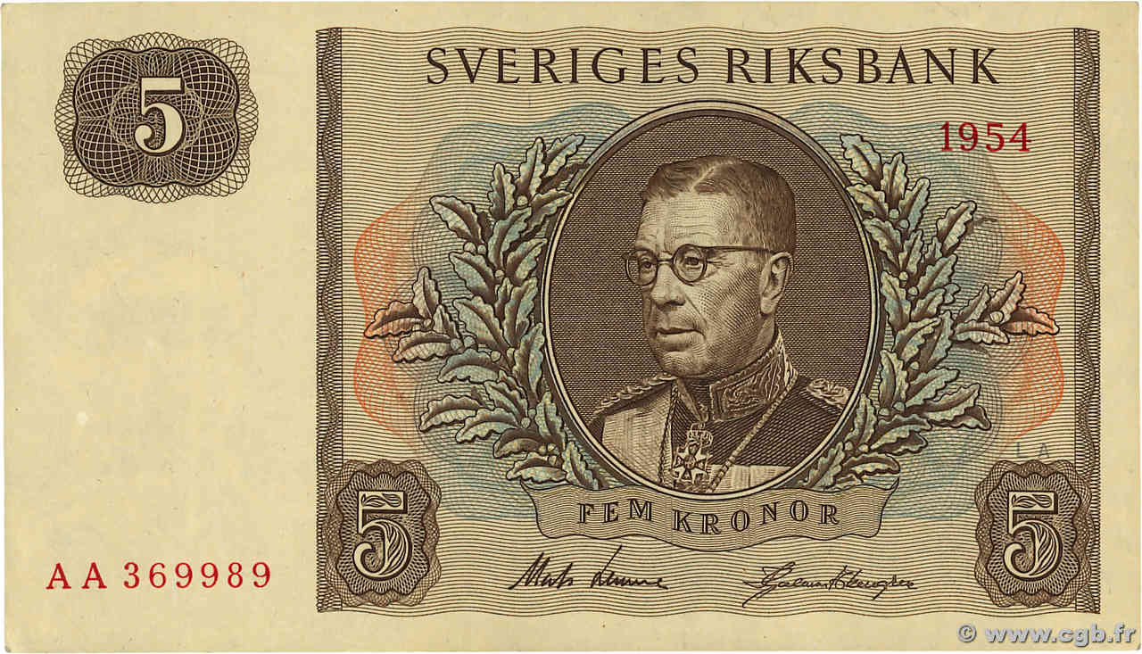 5 Kronor SWEDEN  1954 P.42a XF