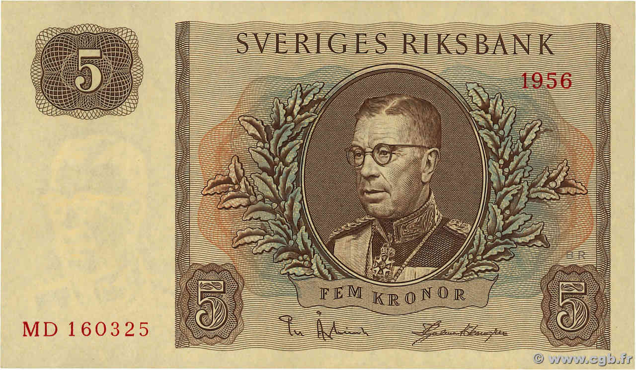 5 Kronor SWEDEN  1956 P.42c XF