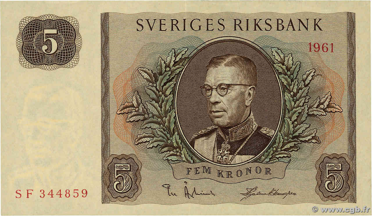 5 Kronor SWEDEN  1961 P.42f XF-