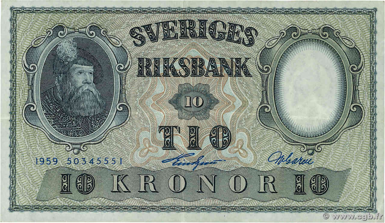 10 Kronor SWEDEN  1959 P.43g VF