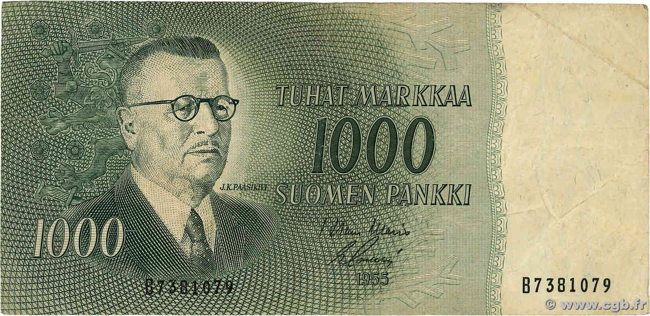 1000 Markkaa FINLANDIA  1955 P.093a RC+