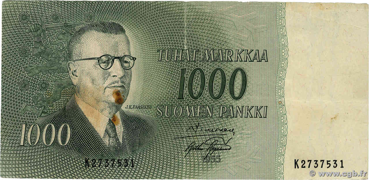 1000 Markkaa FINLANDE  1955 P.093a pr.TB