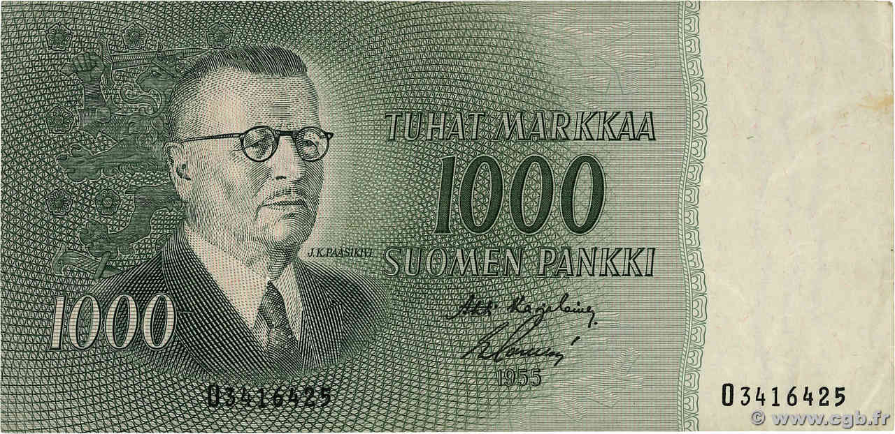 1000 Markkaa FINLANDE  1955 P.093a TB+