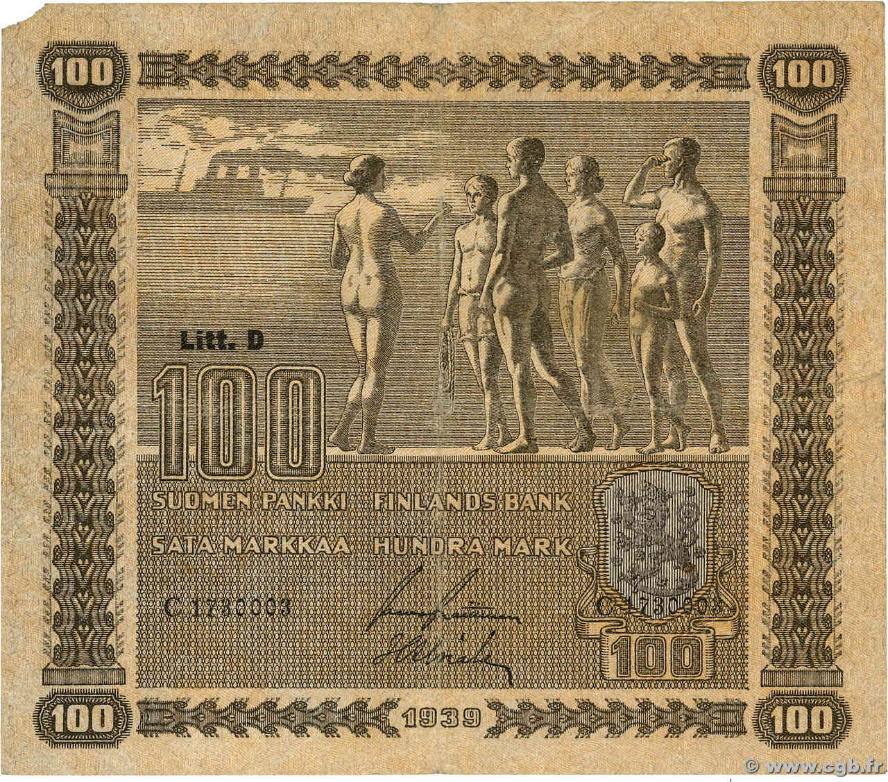 100 Markkaa FINLAND  1939 P.073a F-