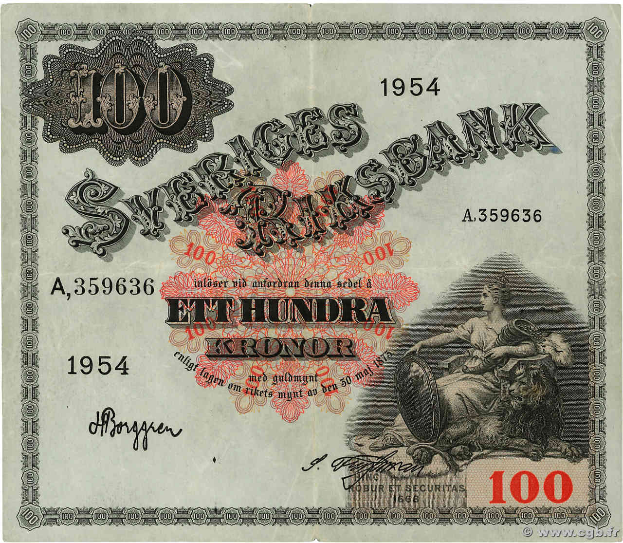 100 Kronor SUÈDE  1954 P.36aj F+