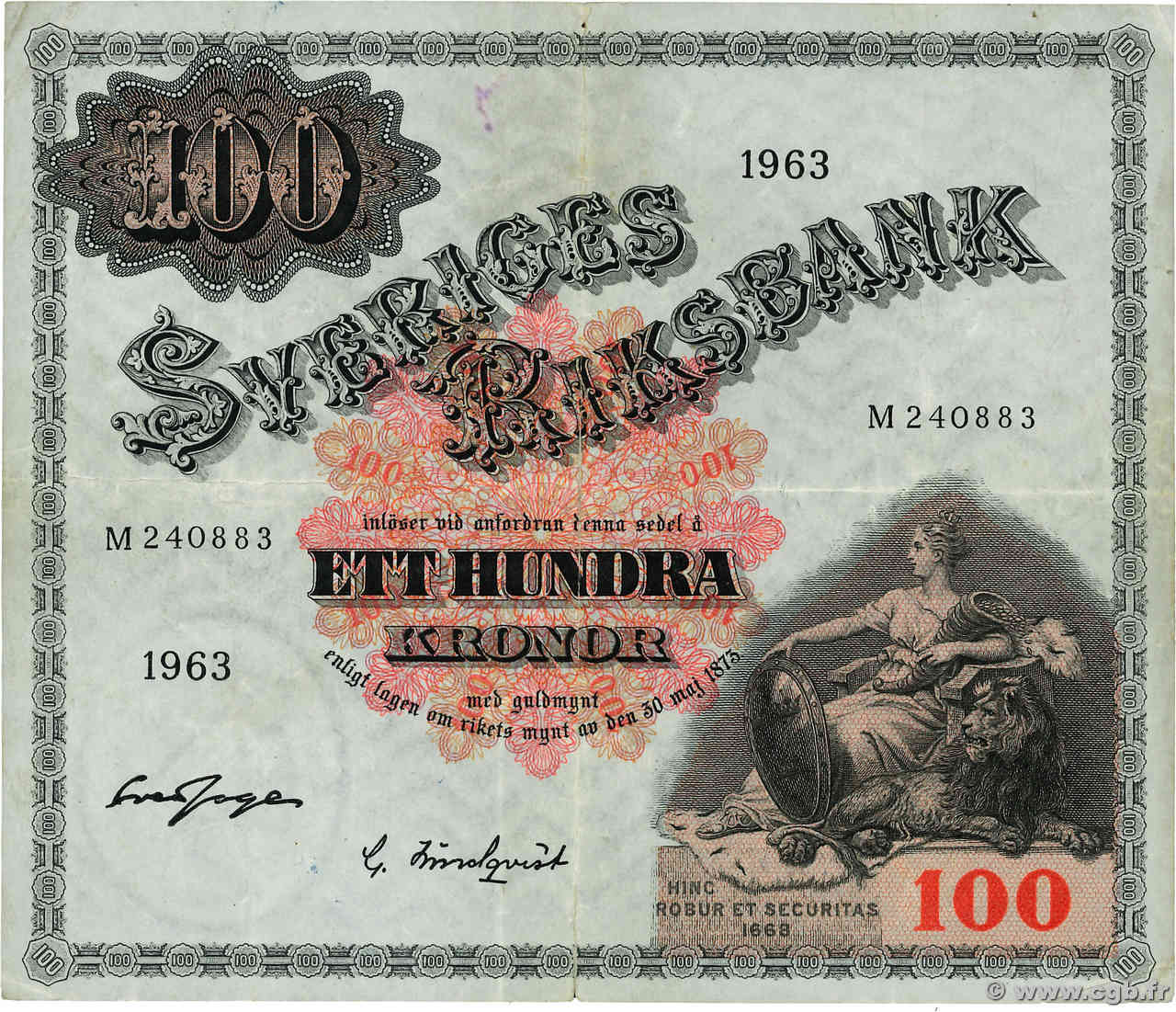 100 Kronor SUÈDE  1963 P.48e S