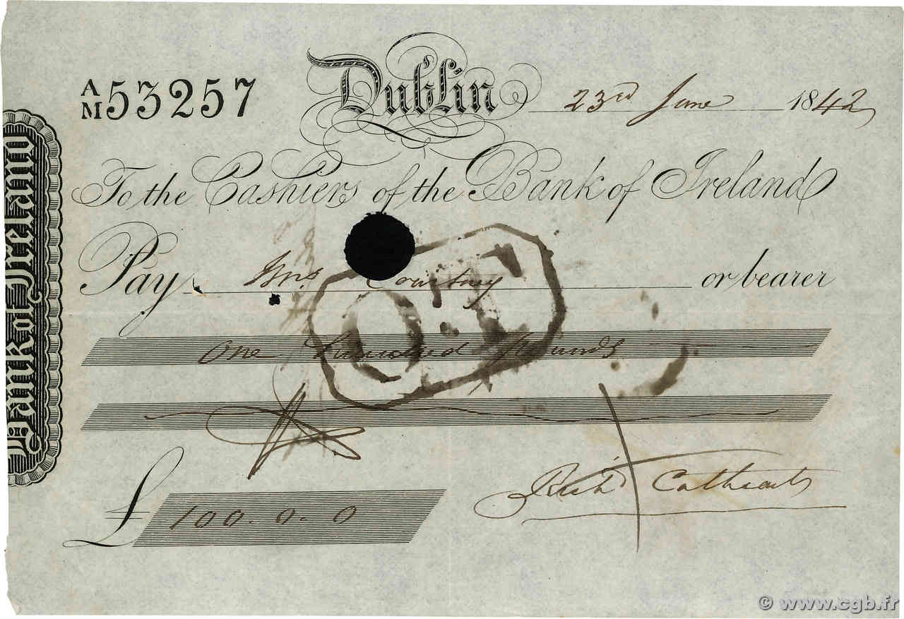 100 Pounds IRLANDE Dublin 1842 DOC.Chèque TTB+