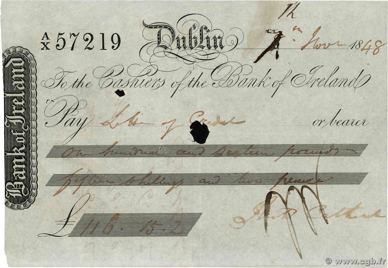 116 Pounds 15 Shillings et 2 Pence IRLANDA Dublin 1848 DOC.Chèque MBC