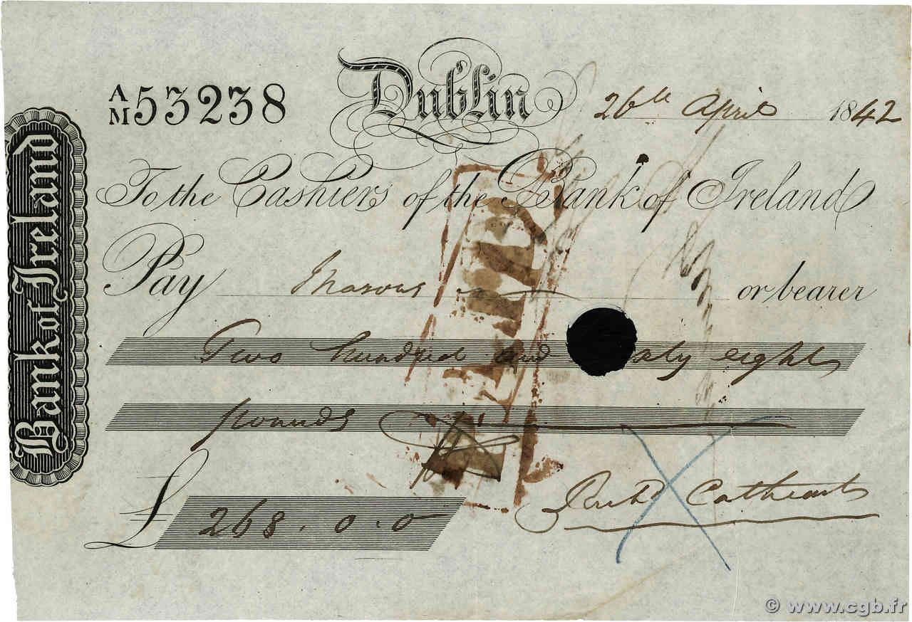 268 Pounds IRLANDA Dublin 1842 DOC.Chèque MBC+