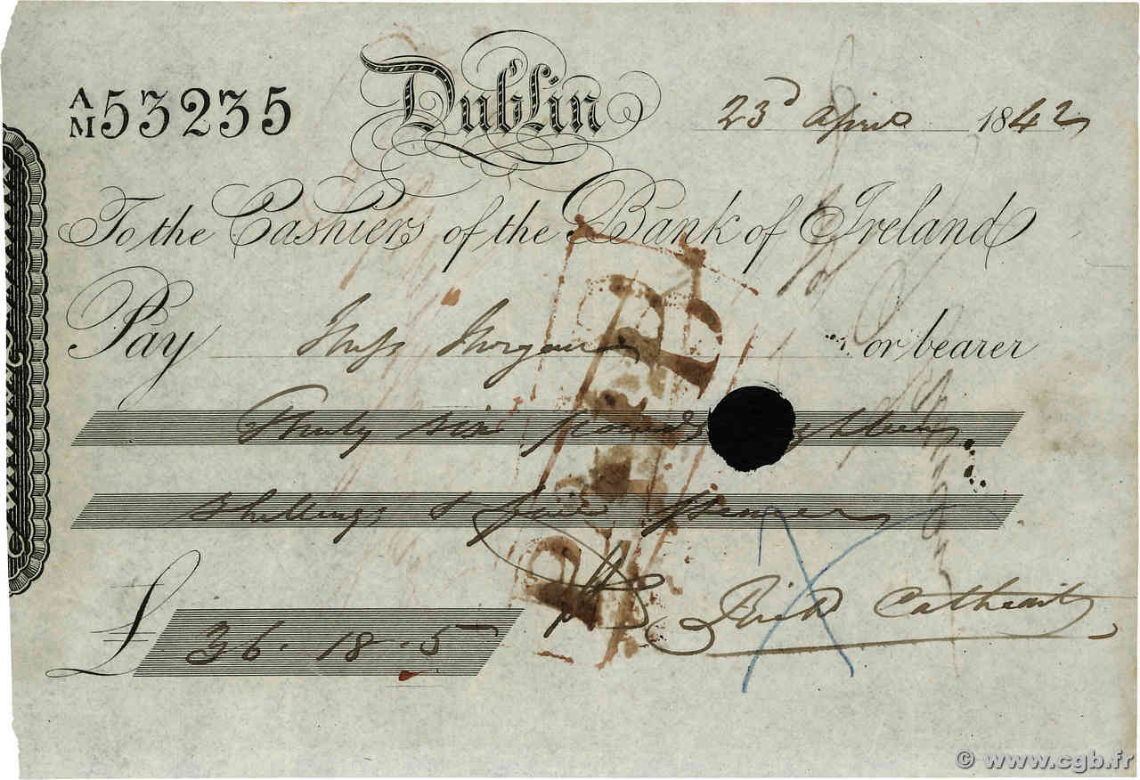 36 Pounds 18 Shillings et 2 5Pence Numéro radar IRLANDE Dublin 1842 DOC.Chèque TTB+