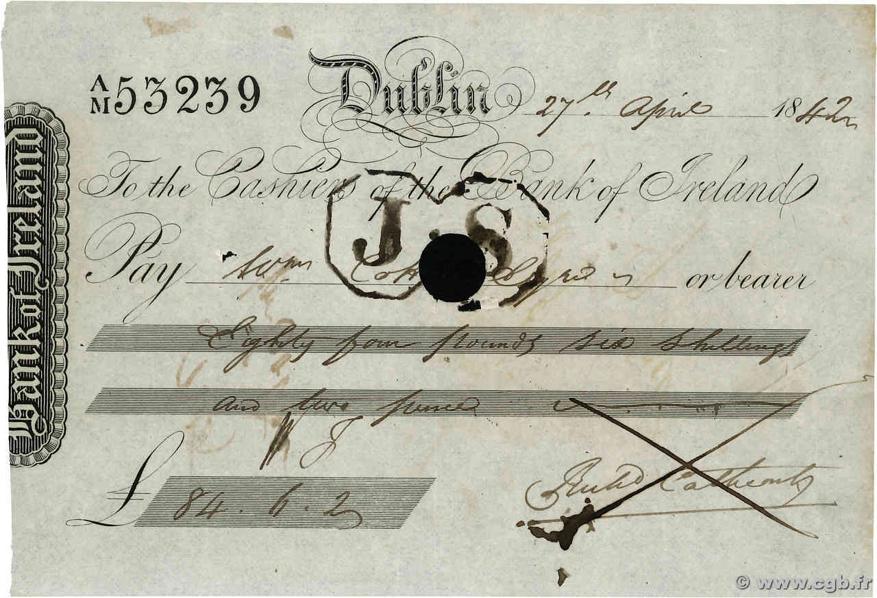 36 Pounds 18 Shillings et 2 5Pence IRELAND REPUBLIC Dublin 1842 DOC.Chèque VF+
