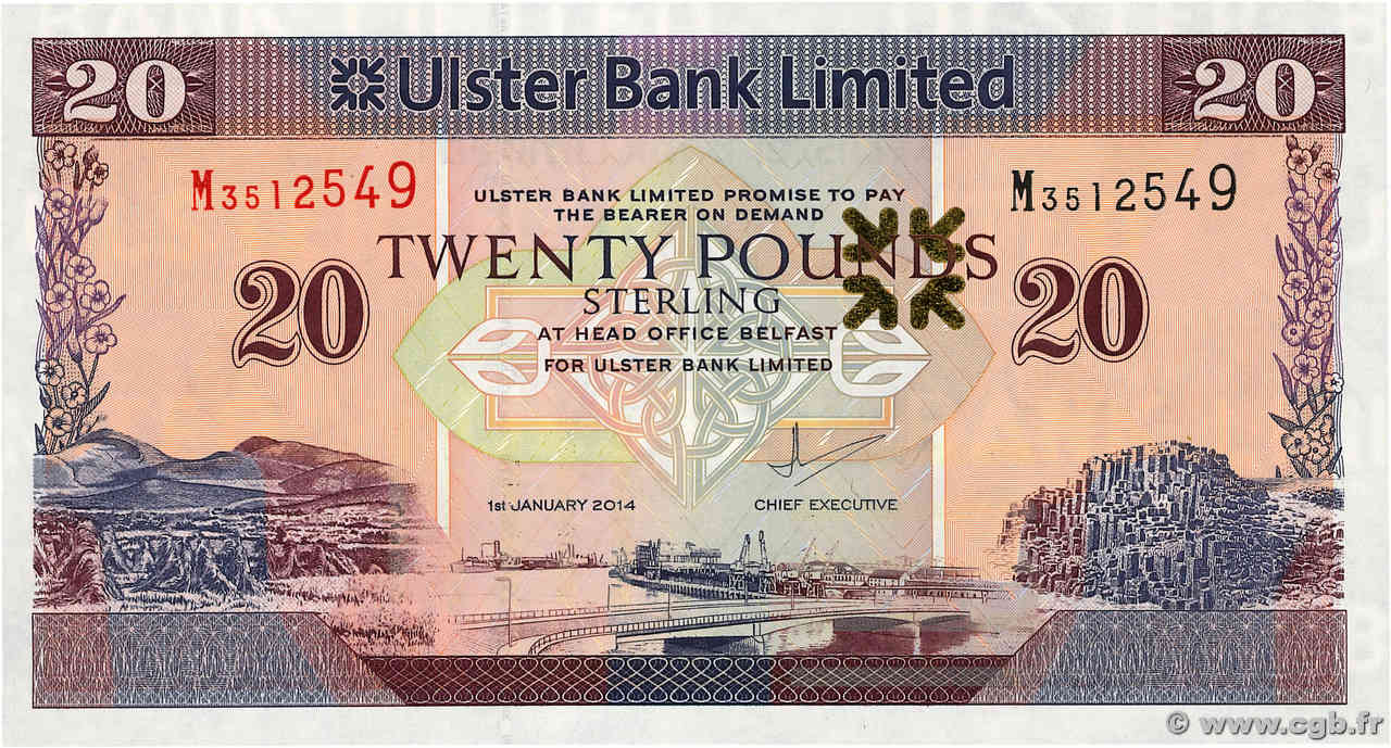 20 Pounds NORTHERN IRELAND  2014 P.342b SC+