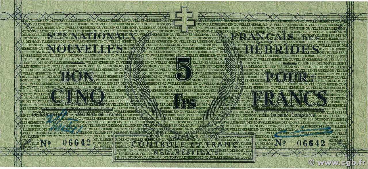 5 Francs NUEVAS HÉBRIDAS  1943 P.01 EBC+