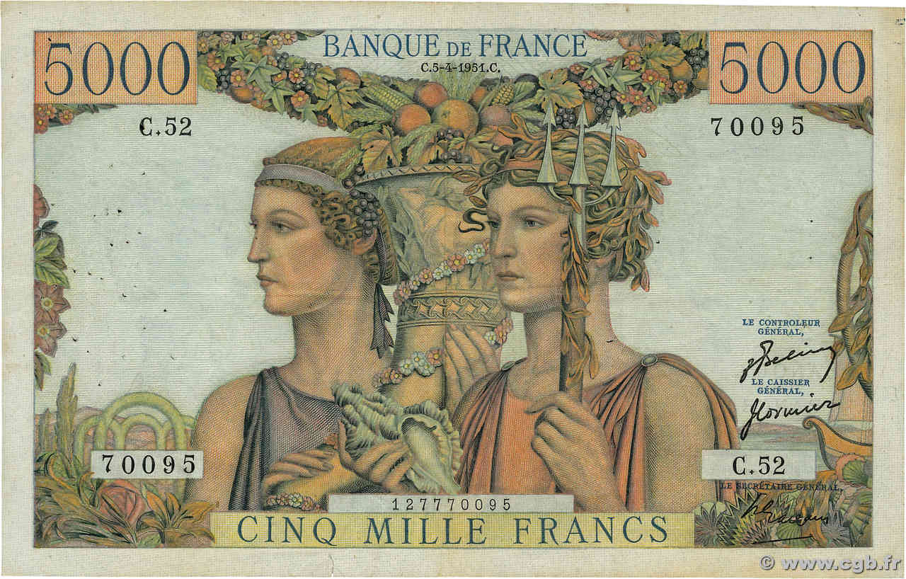 5000 Francs TERRE ET MER FRANCIA  1951 F.48.04
 q.BB