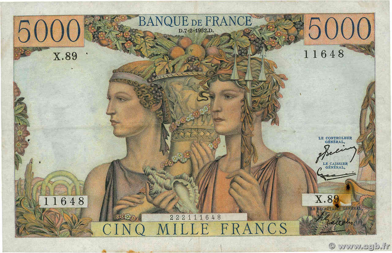 5000 Francs TERRE ET MER FRANCE  1952 F.48.06 VF