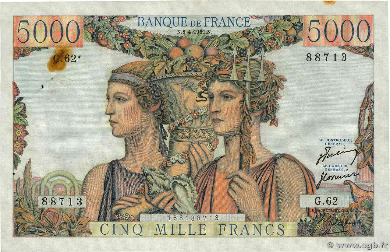 5000 Francs TERRE ET MER FRANCIA  1951 F.48.04 MBC