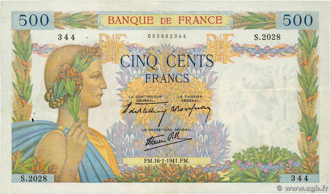 500 Francs LA PAIX FRANCE  1941 F.32.13 F+