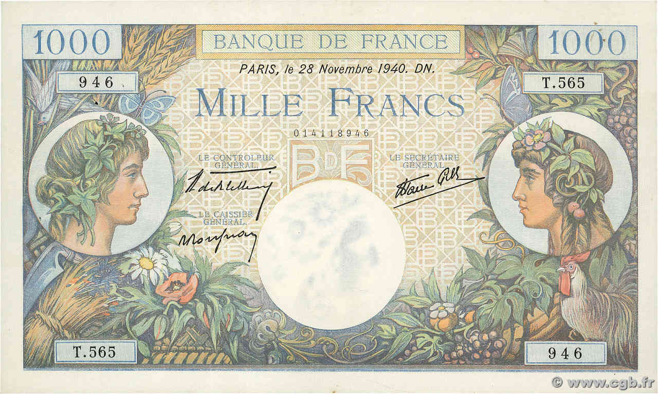 1000 Francs COMMERCE ET INDUSTRIE FRANCIA  1940 F.39.02 q.SPL