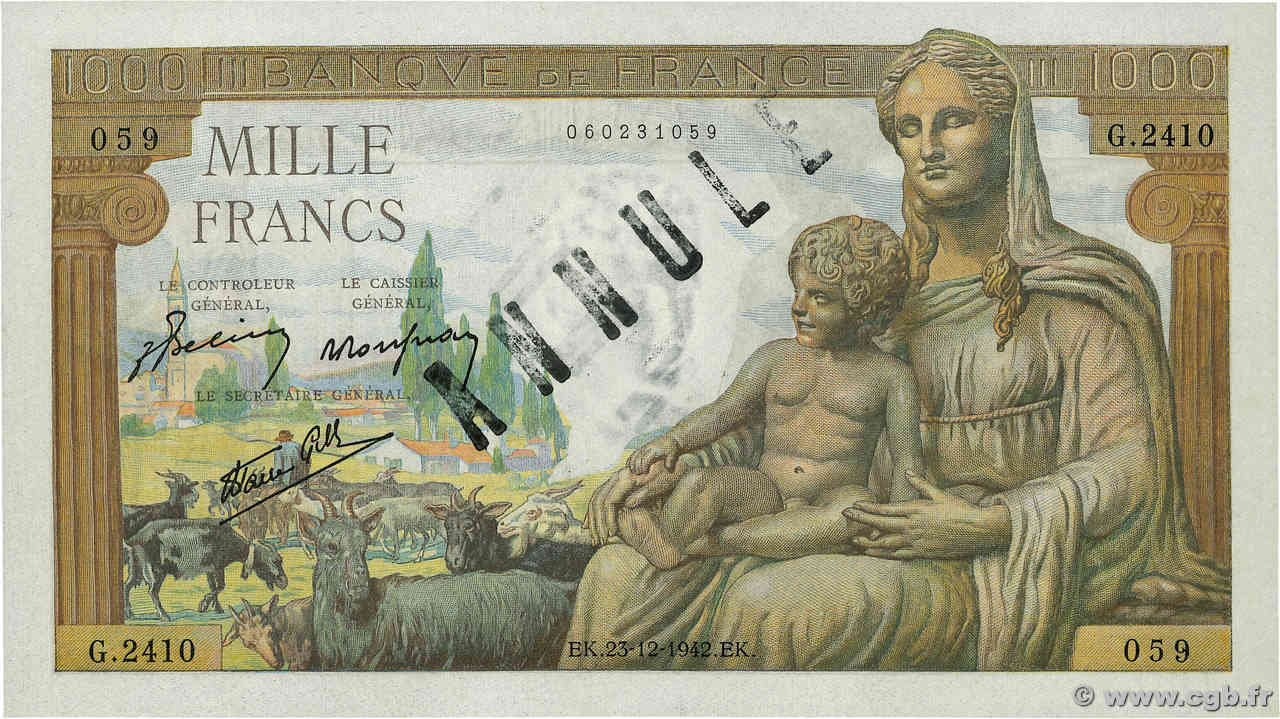 1000 Francs DÉESSE DÉMÉTER Annulé FRANKREICH  1942 F.40.14 fST