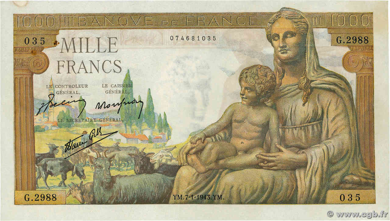 1000 Francs DÉESSE DÉMÉTER FRANKREICH  1943 F.40.15 VZ