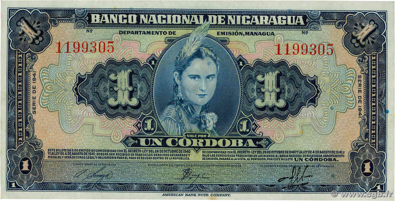 1 Cordoba NICARAGUA  1941 P.090a SC+