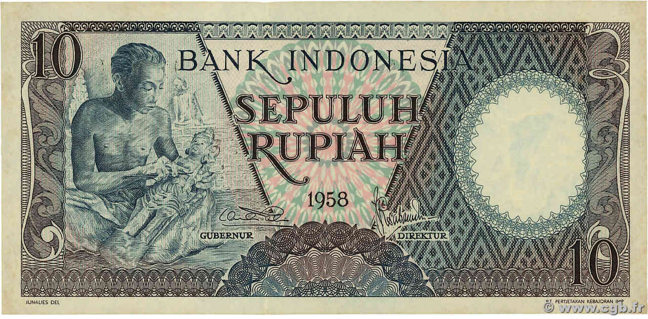 10 Rupiah INDONESIA  1958 P.056 AU+