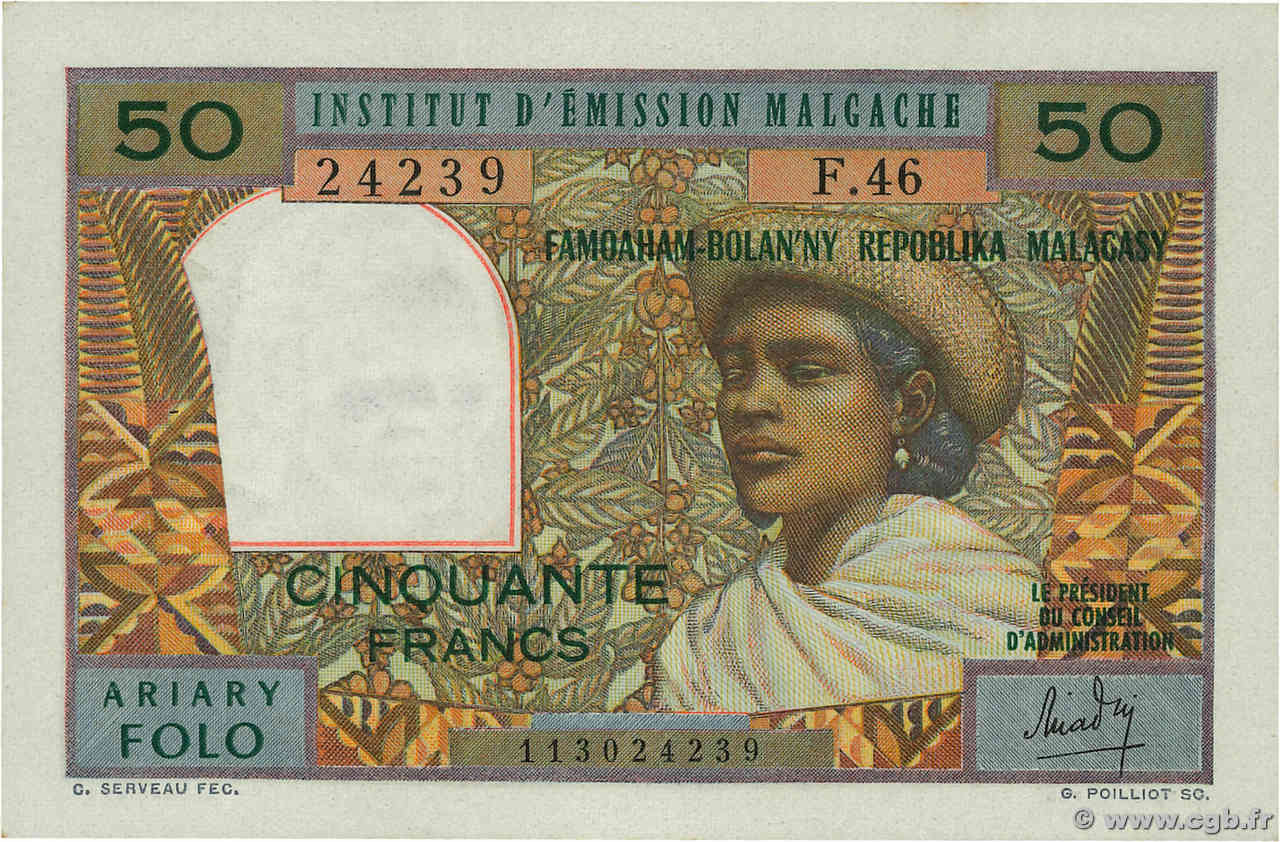50 Francs - 10 Ariary MADAGASCAR  1962 P.061 XF+