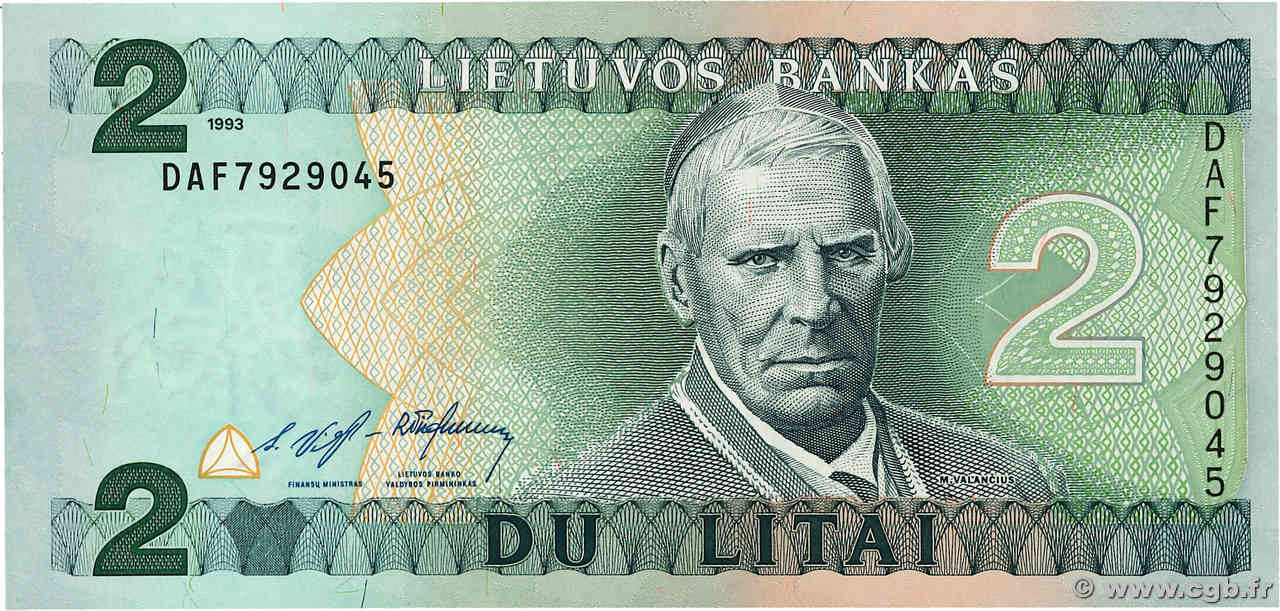 2 Litai LITHUANIA  1993 P.54a UNC