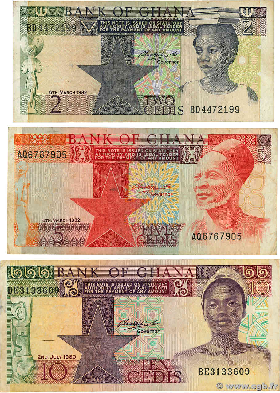 2 à 10 Cedis Lot GHANA  1980 P.18d, P.19c et P.20b TB+