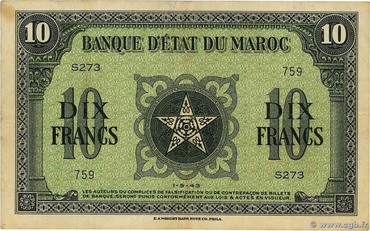 10 Francs MAROC  1943 P.25 TTB