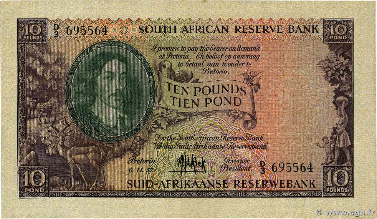 10 Pounds SOUTH AFRICA  1957 P.098 VF