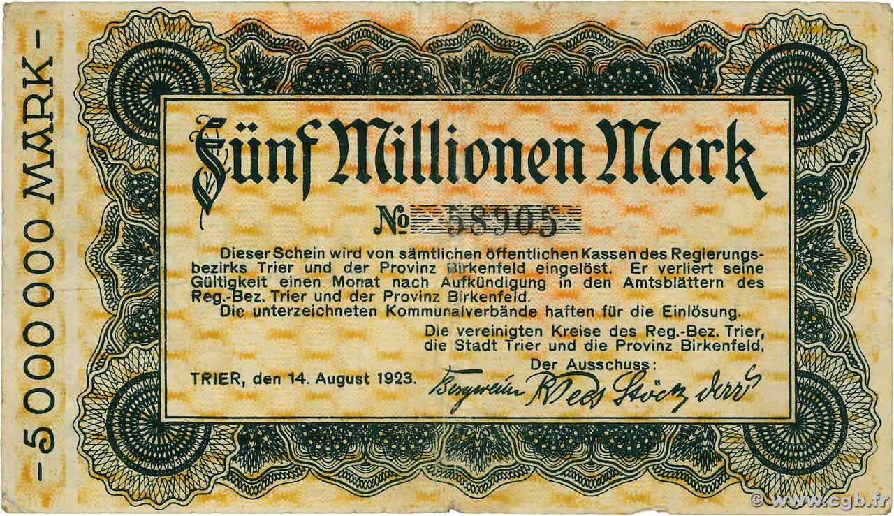 5 Millions Mark ALLEMAGNE Trier - Trèves 1923  TB+
