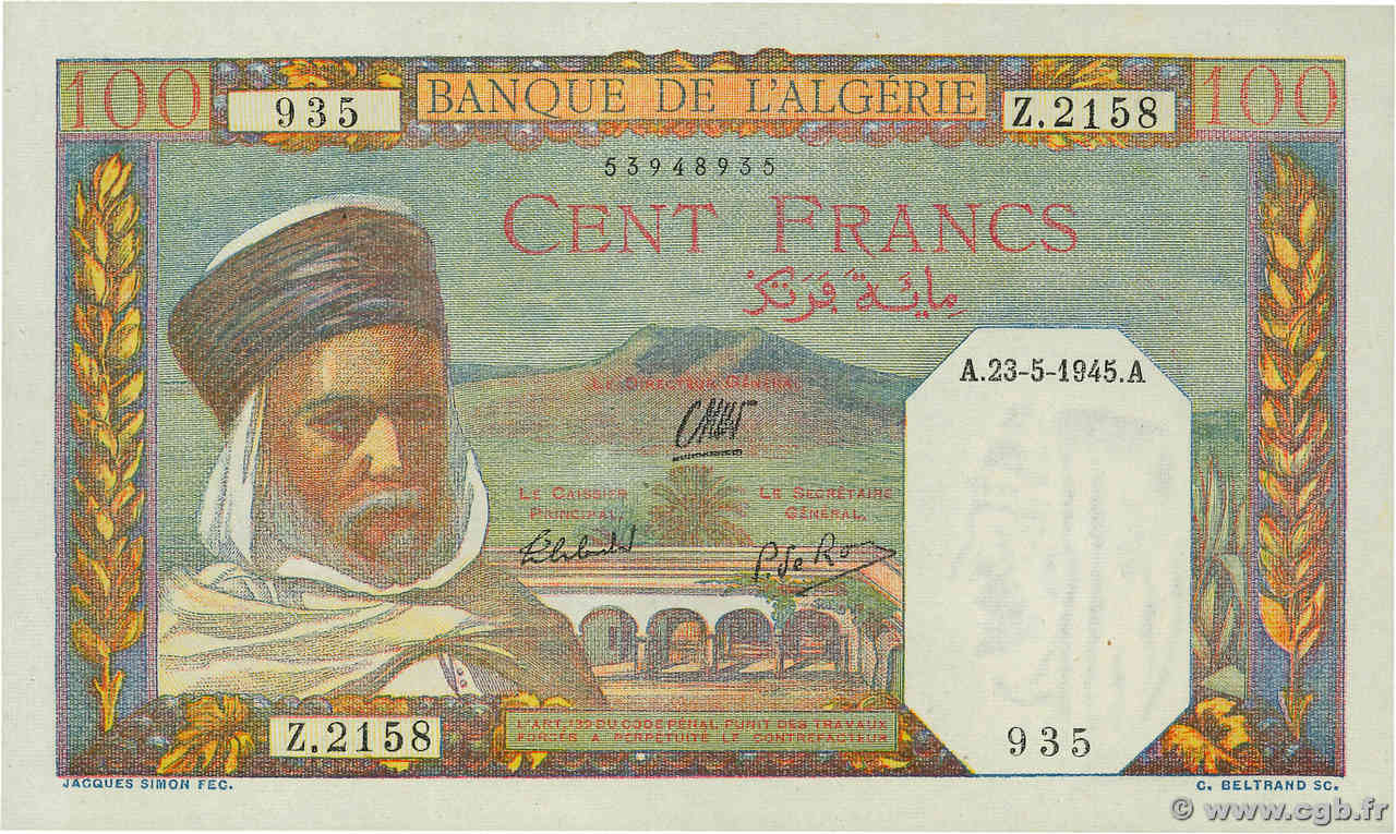 100 Francs ALGERIEN  1945 P.085 fST+