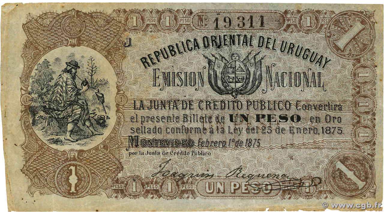 1 Peso URUGUAY  1875 P.A118 VF