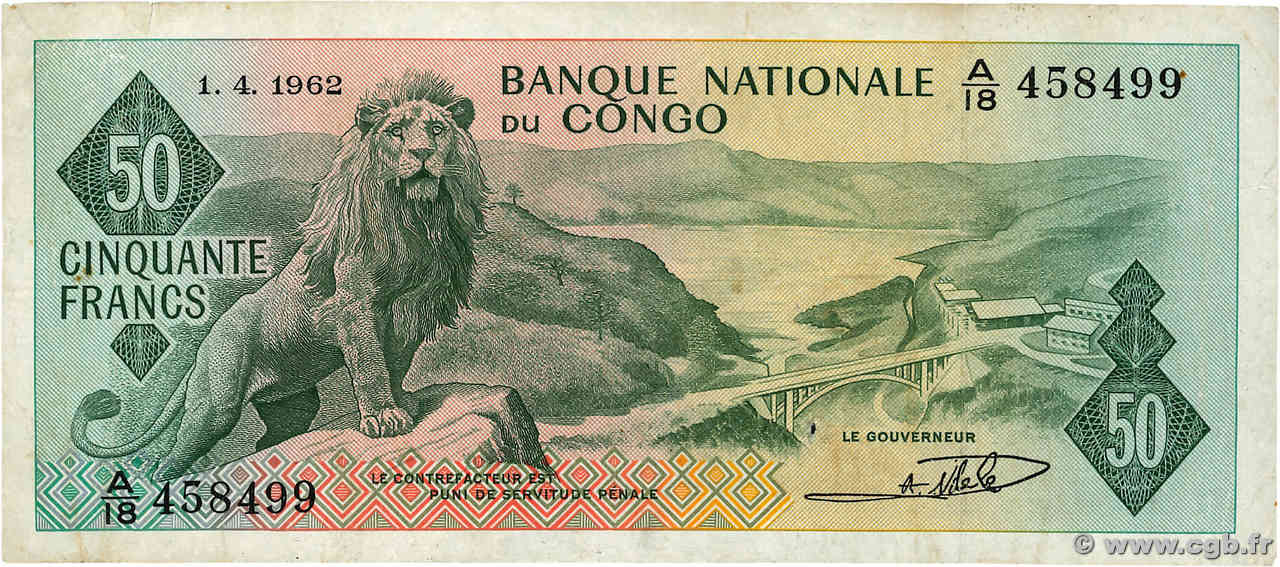50 Francs REPUBBLICA DEMOCRATICA DEL CONGO  1962 P.005a q.BB