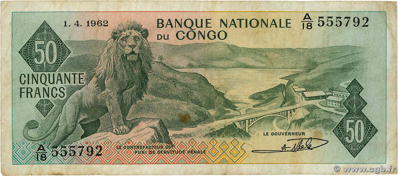 50 Francs CONGO, DEMOCRATIQUE REPUBLIC  1962 P.005a F+