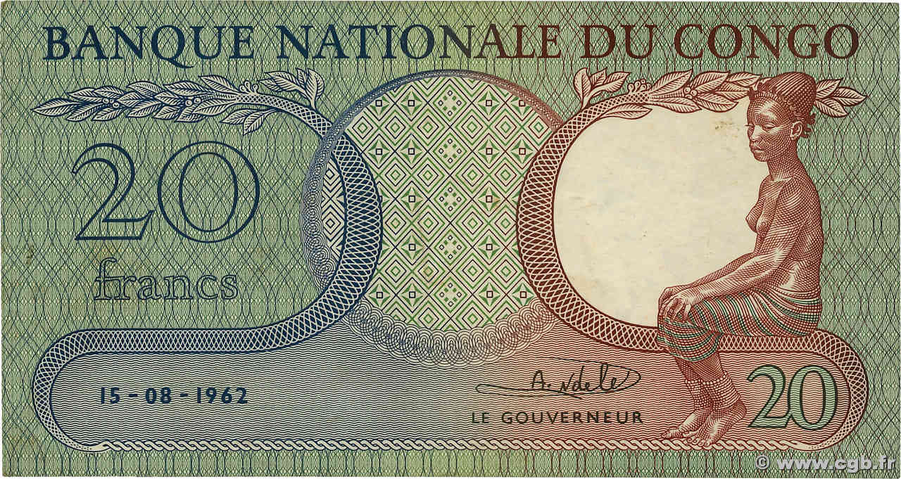 20 Francs RÉPUBLIQUE DÉMOCRATIQUE DU CONGO  1962 P.004a TTB