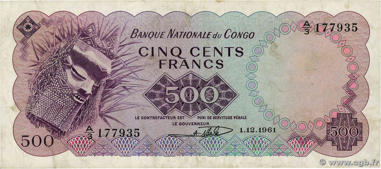 500 Francs RÉPUBLIQUE DÉMOCRATIQUE DU CONGO  1961 P.007a TB+