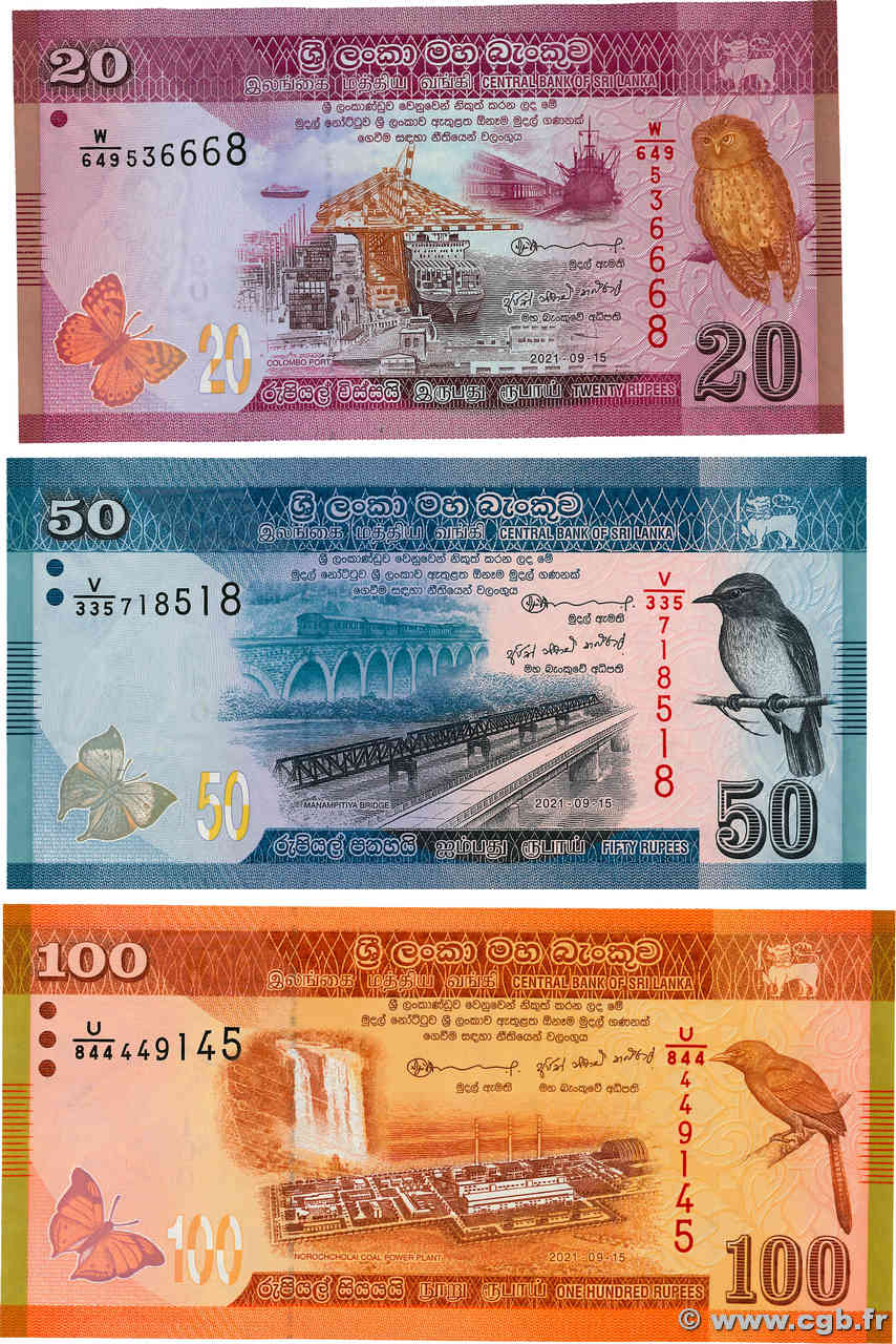 20, 50 et 100 Rupees Lot SRI LANKA  2021 P.123, P124 et P.125 NEUF