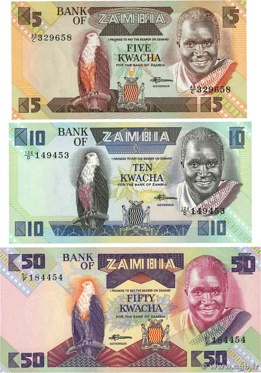 5, 10 et 50 Kwacha Lot ZAMBIA  1980 P.25d, P.26e et P.P.28a FDC