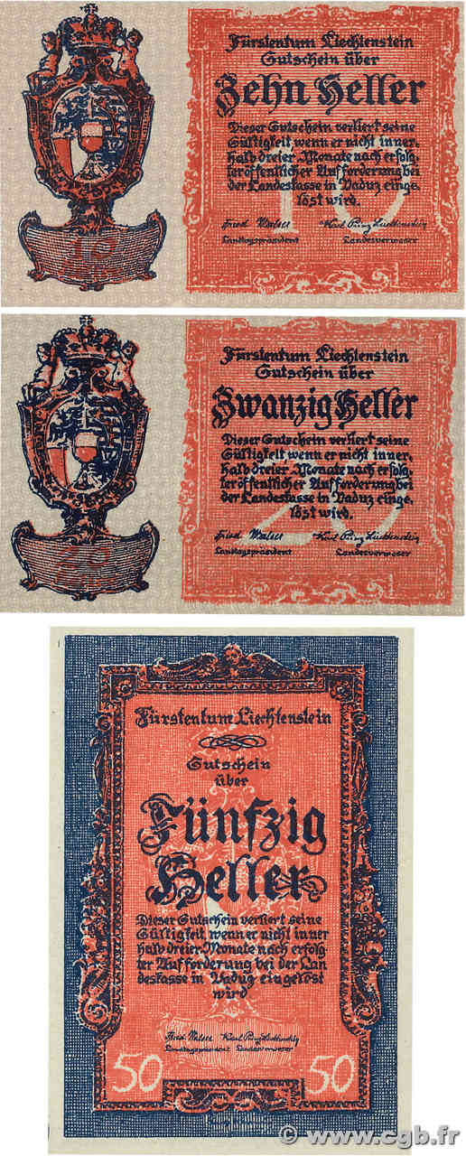 10, 20 et 50 Heller Lot LIECHTENSTEIN  1920 P.01, P.02 et P.03 ST