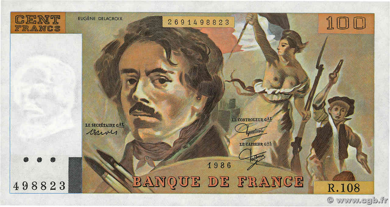 100 Francs DELACROIX modifié FRANCE  1986 F.69.10 pr.SUP