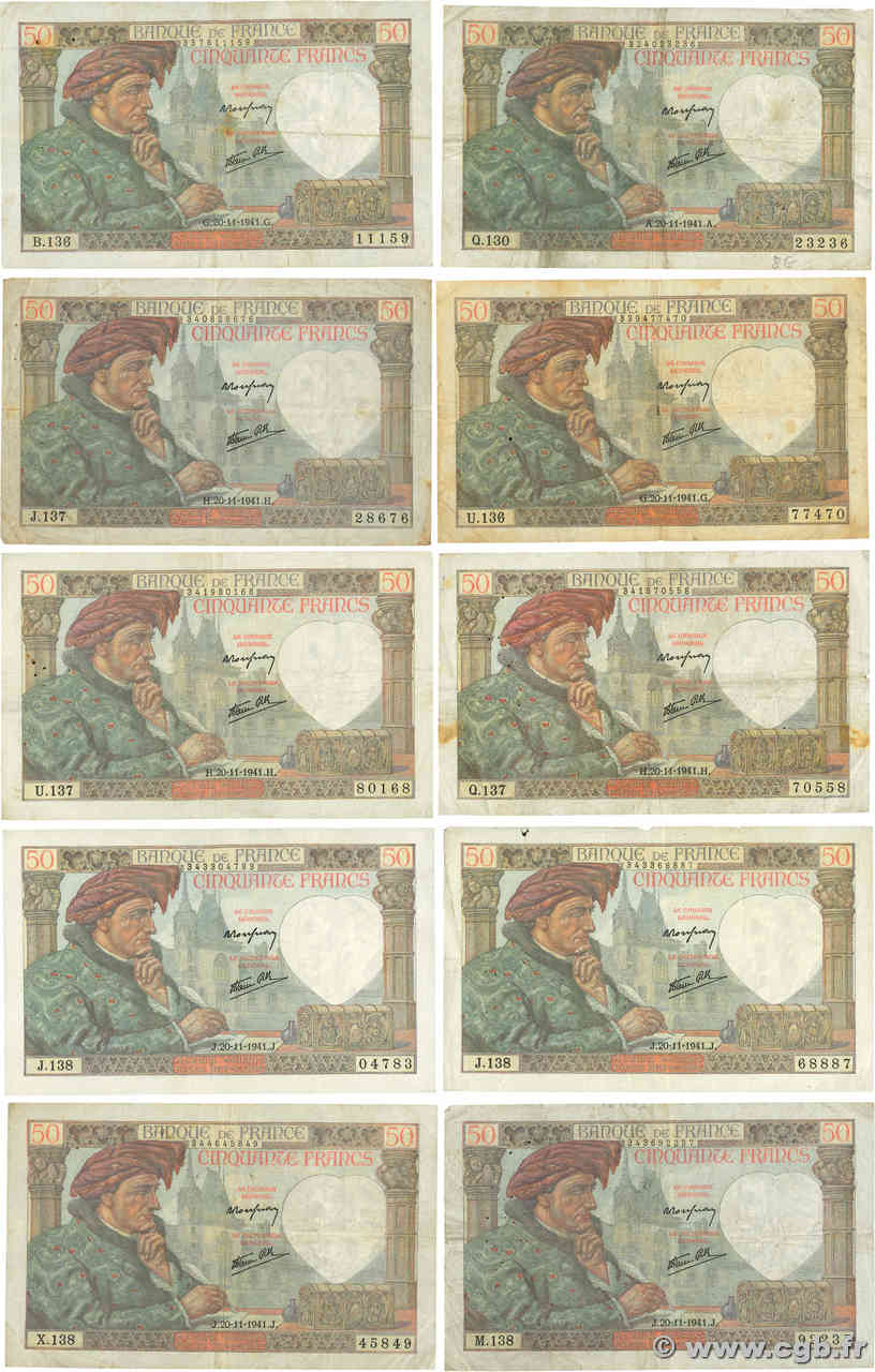 50 Francs JACQUES CŒUR Lot FRANCE  1941 F.19.16 TB